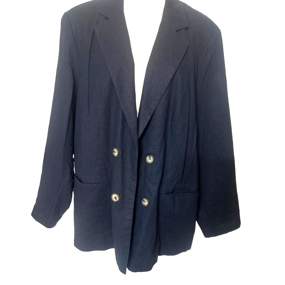 Tahari Womens 2X Linen Blend Double Breasted Navy Pocket Oprn Front Blazer